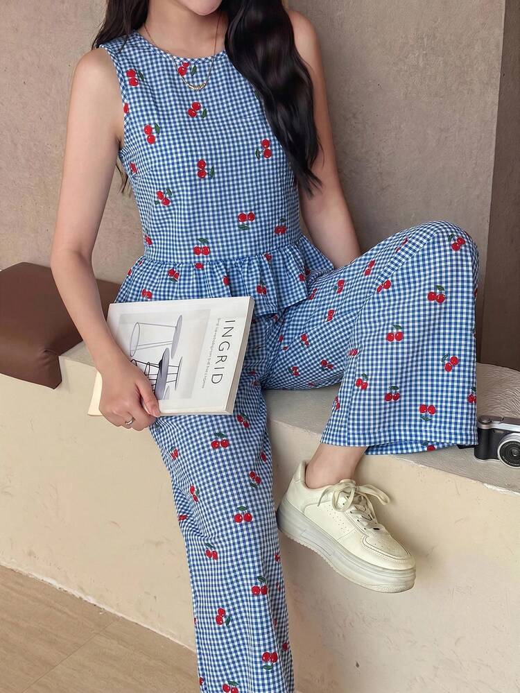 SHEIN Bộ đồ nữ tuổi teen gồm áo không tay kẻ sọc xanh trắng có cúc gỗ và quần ống đứng, thích hợp cho kỳ nghỉ xuân/hè, tiệc tùng, đi học, dã ngoại gia đình hoặc mặc hàng ngày. - Xanh và trắng - Xem 4