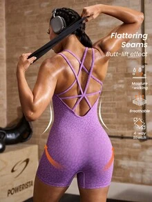 Powerista Women's Sexy Leopard Print Criss-Cross Backless Sports Romper, Summer Purple Going Out Workout Animal Print Cheetah Print Leppard Print Seamless Jumpsuit  Exercise, Fitness, Running Backless Summer Autumn Gym Daily Wear - Purple - View 8