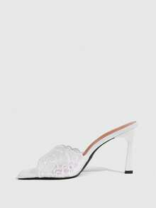 CUCCOO SZL Sexy White Square Toe Stiletto High Heels Women's Outer Wear Backless Sandals Mesh Embroidery Open-Toe Drag Summer - White - View 4