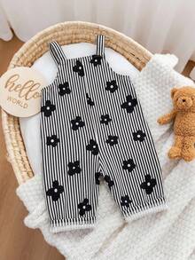 SHEIN Baby Girl Cute Versatile Blue Floral Pattern Strap Jumpsuit - Black and White - View 5