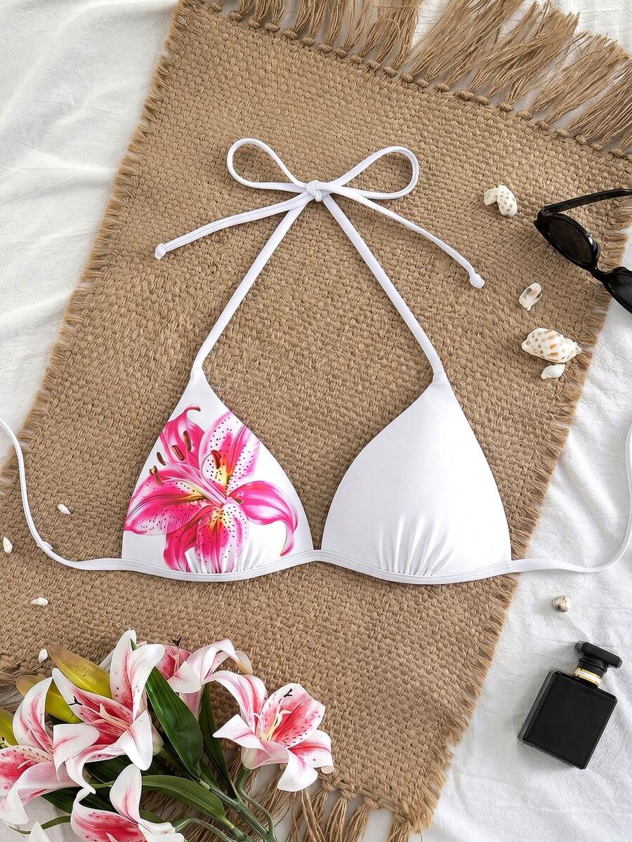 Swim Vcay 女款最新時尚沙灘裝,度假休閒,粉色百合花卉印花掛脖綁帶比基尼上衣套裝,優雅性感夏季女士泳裝 - 白色 - 查看 1