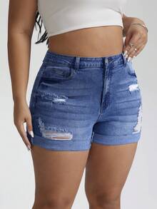 SHEIN CURVE+ Plus Size Summer Casual Washed Distressed Slim Fit Denim Shorts - Dark Wash - View 5