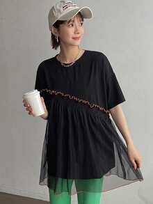 FRIFUL Women's Fashion Versatile Contrast Color Mesh Splice Short Sleeve T-Shirt Summer - Black - View 4