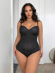 SHEIN SXY 大尺碼女款圓點印花時尚百搭細肩帶連身泳衣 - 黑色 - 查看 7