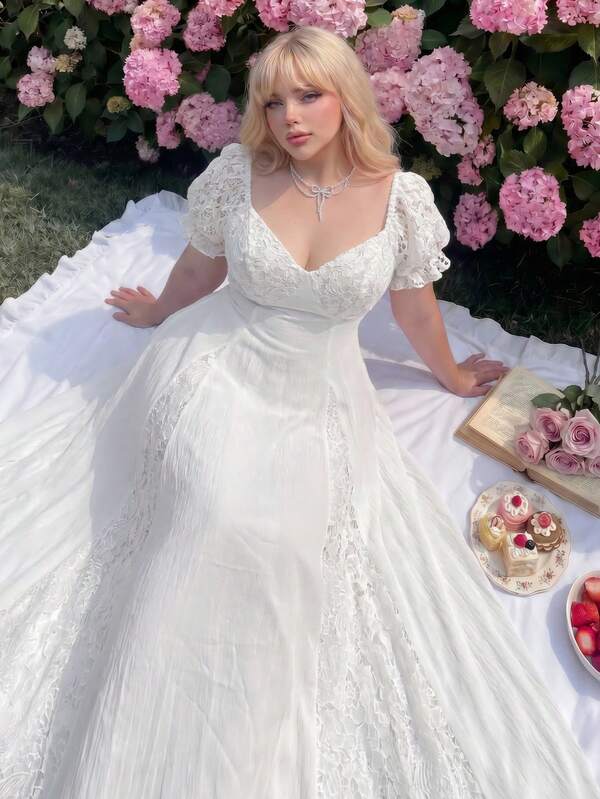 Lyrianda Plus Size Women's New Sweet Cute Beach Holiday Textured & Contrast Lace Petal Sleeve Dress, Fashionable & Elegant