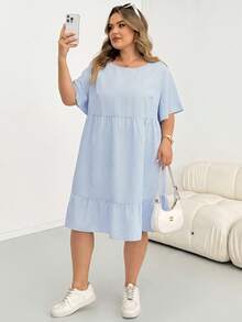 SHEIN CURVE+ 大尺碼女款淺藍色娃娃裙，適合四季度假、夏季波希米亞風、傳統街頭風、婚禮賓客穿著 - 藍色 - 查看 5