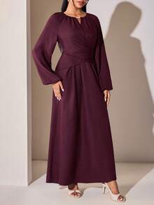 Veilorie Gaun Arab Elegan Wanita Warna Polos dengan Lengan Lentera Raglan - Merah - View 1