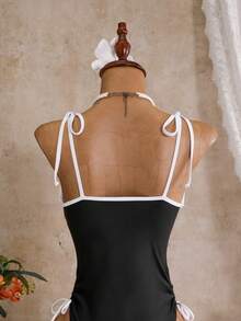 Swim Chiccia Swim Chicsea-D 女款春夏季純色對比細肩帶3D花朵裝飾連身泳衣 - 黑與白 - 查看 7