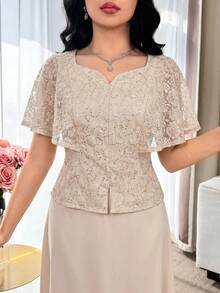 Feyla 女款優雅成熟亮片蕾絲上衣與裙子兩件套，米色夏季婚禮派對晚餐新娘母親裝 - 杏色 - 查看 8