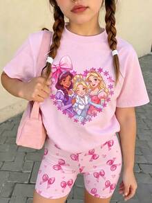 少女蝴蝶結印花短袖T恤與短褲休閒套裝 - 黑色 - 查看 1