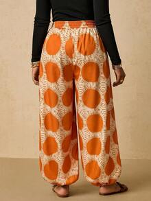 Travachic Plus Size Women's Sun Print Waist Tie Loose Cuffed Long Pants - Multicolor - View 2