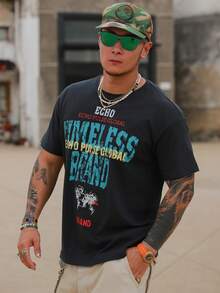 DAZY 男士圓領字母印花休閒百搭日常穿著短袖T恤 - 深灰色 - 查看 7