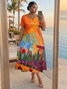 SHEIN Lady CURVE Plus Size Women Casual Minimalist V-Neck Short Sleeve Dress, Suitable For Summer Elegant Vacation - Orange - View 3