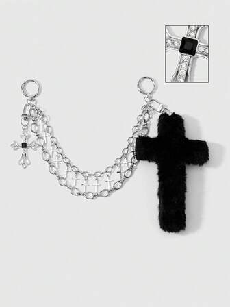 Kawaii 1 Y2k Punk Gothic Silver Handmade Double-Layer Hollow Chain Shiny Rhinestone Hairy Cross DIY Keychain Bag Pendant, Women's Daily Wear Holiday Gifts