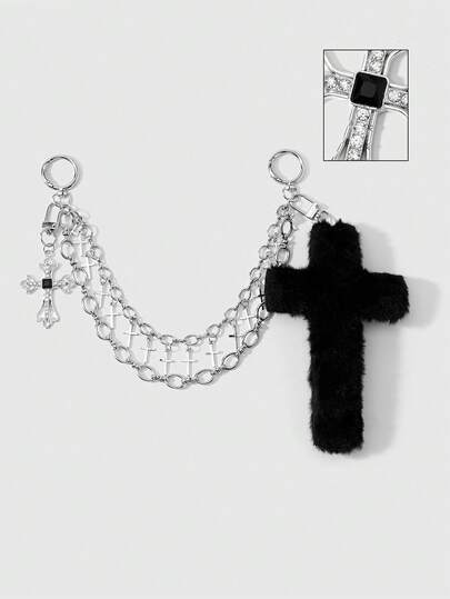 Kawaii 1 Y2k Punk Gothic Silber handgefertigte doppellagige Cut Out Kette glänzende Strass behaarte Kreuz DIY Schlüsselanhänger Taschenanhänger, Damen Alltagskleidung Urlaubsgeschenke