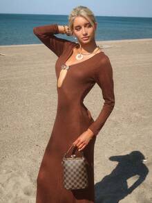 Sydney Algeri 1 Stück Damen Strick Kleid mit V-Ausschnitt, Langarm und Fischschwanz-Silhouette, einfarbig, für Herbst/Winter, Weihnachten, Hochzeit, Cocktailparty, Galaanlässe, Urlaub - Braun - Übersicht 4