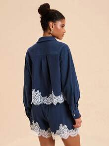 Travachic Lace Patchwork Long Sleeve Shirt & Shorts 2pcs - Blue - View 3