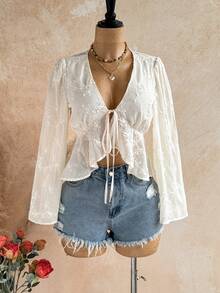 Soleia V-Neck Bell Sleeve Tie Ruffle Hem Blouse - White - View 3