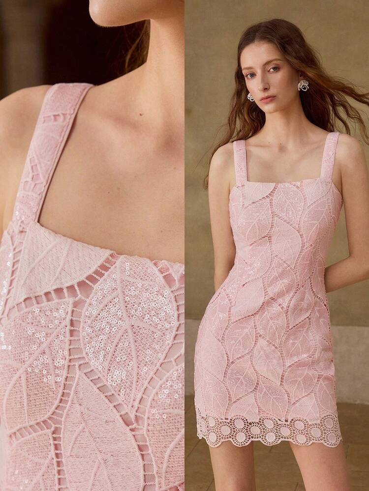 SEQUIN EMBROIDERED ELEGANT SLEEVELESS CASUAL MINI DRESS, PINK