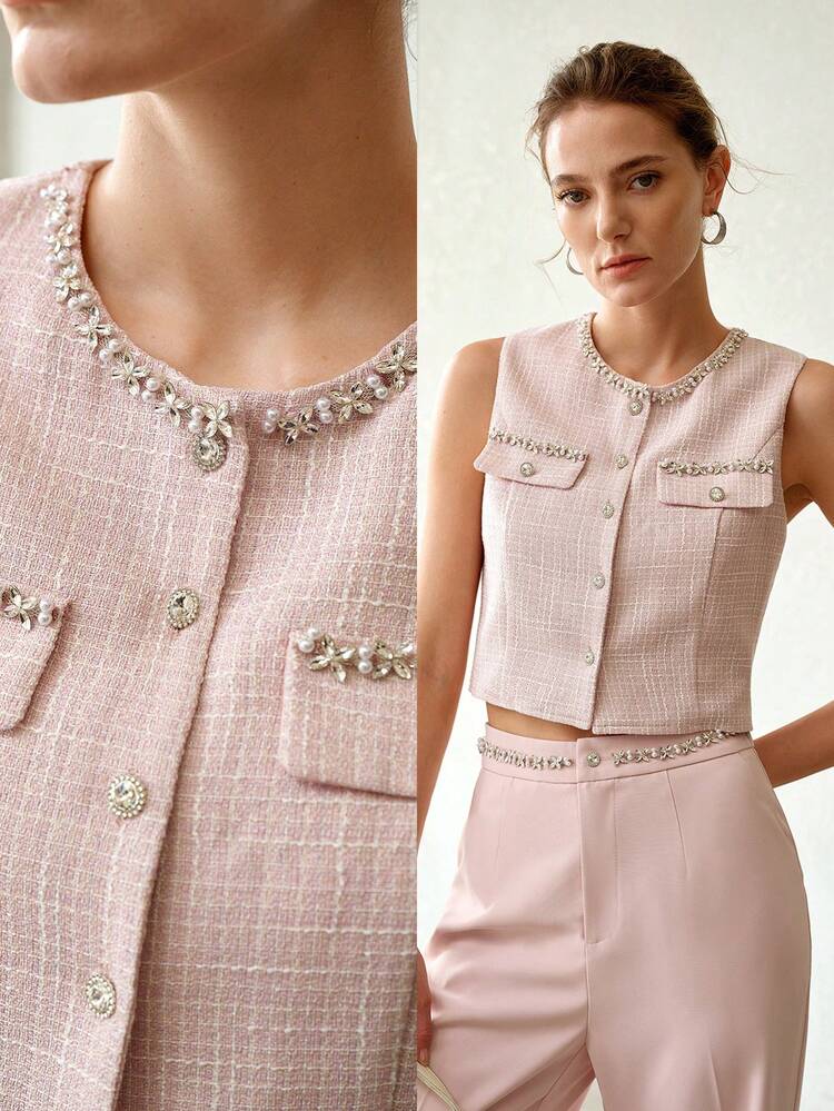 WOMEN'S NEW ARRIVAL RHINESTONE CHAIN DESIGN SLEEVELESS VEST TOP, PINK