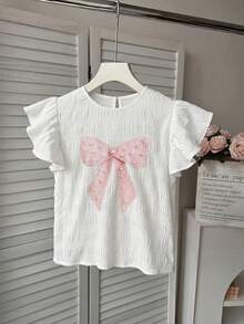 SHEIN LMoss Kids 青少年女孩白色紋理編織圓領抓皺荷葉邊飛袖修身休閒上衣，度假風法式優雅，適合春季出遊、度假、開學 - 白色 - 查看 4