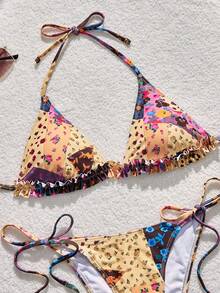 Swim Mod Summer Women's 3-Piece Multi-Color Patchwork Ditsy Floral Lace Trim Tie-Up Triangle Cup Bikini Set With Drawstring Ruched Mini Skirt Swimsuit Set - Multicolor - View 4