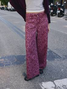 Nöista Printed Denim Wide-Leg Pants. For Everyday Look, Day-To-Night, Summer, Night Out Day Time Going Out, Back-To-School Floral Pink Vintage Streetstyle - Burgundy - View 1