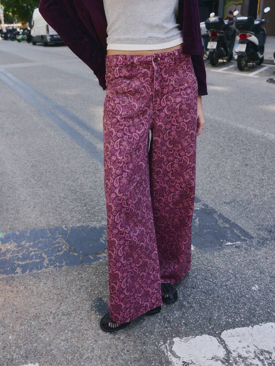 Nöista Printed Denim Wide-Leg Pants. For Everyday Look, Day-To-Night, Summer, Night Out Day Time Going Out, Back-To-School Floral Pink Vintage Streetstyle - Burgundy - View 1