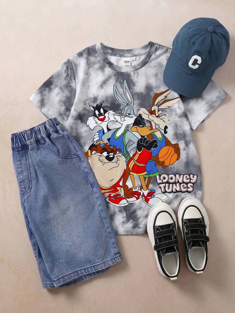 LOONEY TUNES X SHEIN Tween Boy Crew Neck Letter Cartoon Print Casual Versatile Daily Outing Short Sleeve T-Shirt - Grey - View 1