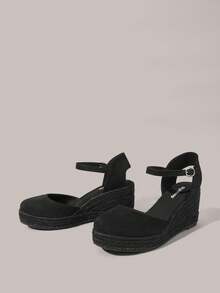 Styleloop Sandalias de plataforma con cuña versátiles para mujer, estilo sencillo en negro puro, punta cerrada y hebilla, para uso diario - Negro - Ver 2
