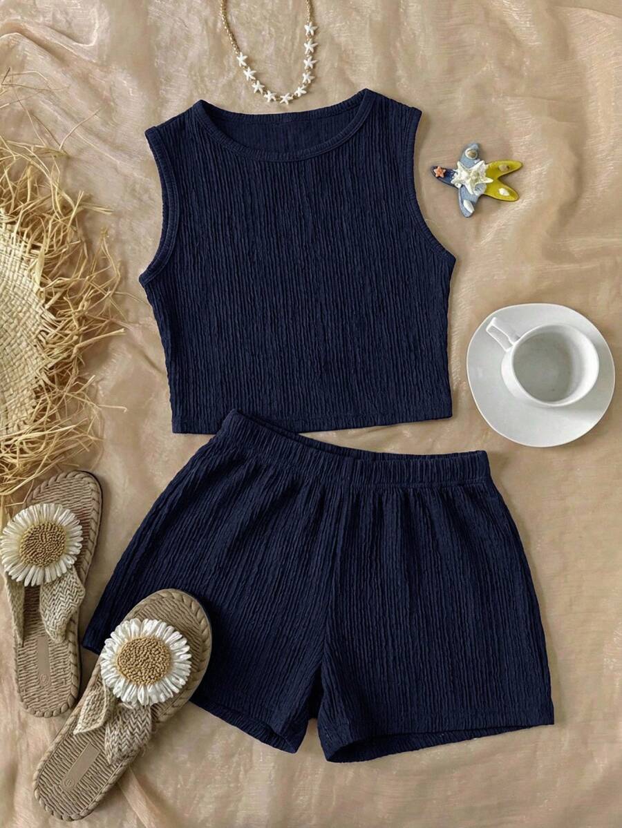 SHEIN Tween Girl Deep Blue Textured Sleeveless Tank Top & Shorts 2-Piece Set, Casual Outfit, Skin-Friendly Wavy Fabric, Round Neck Cropped Top, High-Waist Straight Leg Shorts, Simple Solid Color Commuter Wear, Comfortable Versatile Basic Set, Daily Outing Slouchy Style Essential - Navy Blue - View 1
