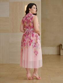 MOTF PREMIUM PLUS SIZE WOMEN'S SPRING/SUMMER FLORAL PRINT PLEATED STAND NECK CINCHED WAIST DRESS - Pink - View 5