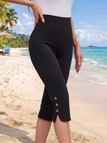 Sylviya Leggings con diseño de botón bajo con abertura capri - Negro - Ver 5
