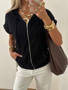 SHEIN EZwear 袋鼠口袋連帽衛衣 夏季旅行黑色運動休閒風 - 黑色 - 查看 8