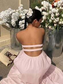 MainGRL Bohemian Tropical Soft Pink Strapless Dress, Spring/Summer Vacation - Baby Pink - View 2