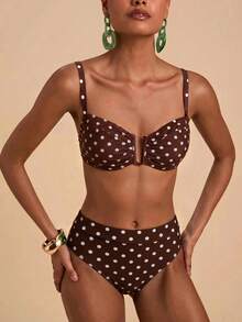Travachic Conjunto de Maiô com Estampa de Poá para Mulheres, Adequado para Férias na Praia - Castanho - Visão 6
