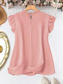EMERY ROSE Blusa elegante de talla grande para mujer con cuello redondo, mangas volantes y ribete de volantes en color liso - Rosa - Ver 2