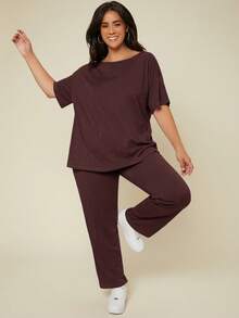 SHEIN BASICS Plus Solid Tee Pants For Summer Formal Holiday Burgundy Casual - Brown - View 5