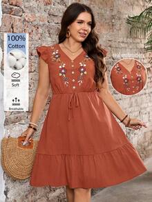 Rosumi Plus Size Women's Summer Casual Bohemian Boho Vacation Floral Embroidery Dress Country Going Out Dinner Business Daily Wear Ruffle Pastel - Redwood - View 5