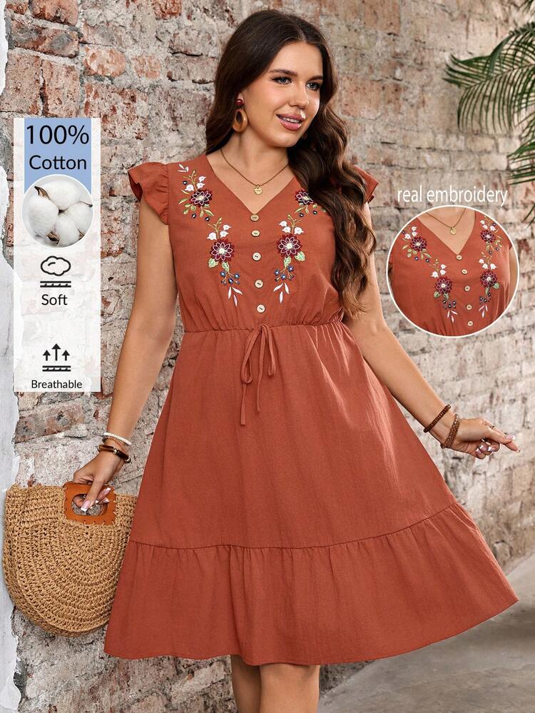 Plus Size Women's Vacation Floral Embroidery V-Neck Flutter Sleeve Dress