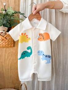 SHEIN Vintaside Kids Bộ romper bé trai tay ngắn cổ bẻ họa tiết động vật dễ thương màu mơ, mở phía trước, romper cổ bẻ mùa hè cho bé, phù hợp cho mùa xuân và mùa hè, phù hợp cho 3M-24M - Màu be - Xem 4