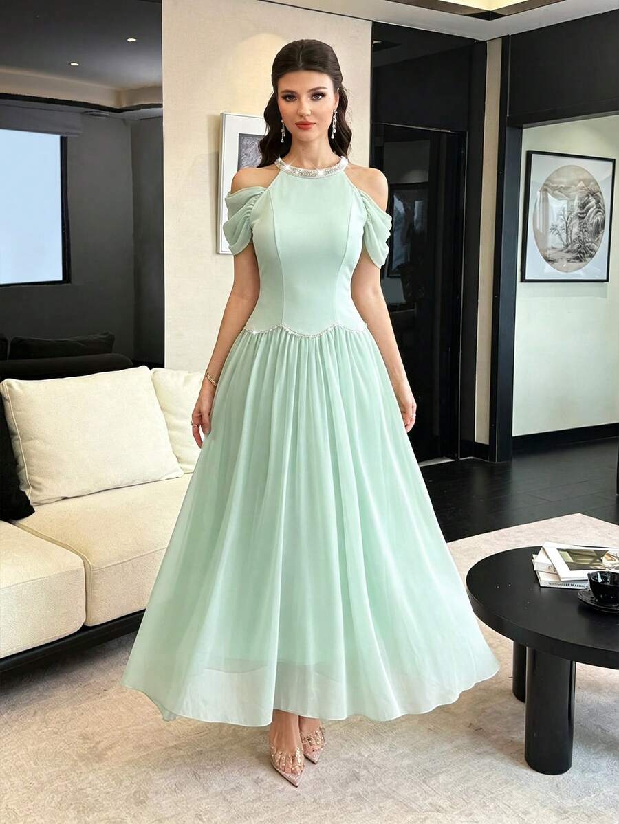 Modelyn Elegant Cold Shoulder Gentle Atmosphere Beaded Halter Neck Long Evening Gown Dress For Women