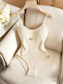 SHEIN Franclia 纯色吊带无袖罗纹休闲连体衣，夏季 - 米色 - 查看 1