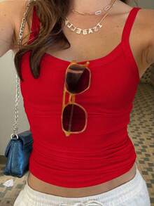 INAWLY Camiseta de tirantes de ajuste delgado para mujer, simple y versátil para el verano - Rojo - Ver 3
