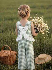 Emery Rose Kids Emery Rose Kids 少女編織格紋圓領休閒背心與長褲2件組 - 綠色 - 查看 2