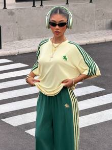 Muchica 女款圓領騎士刺繡圖案短袖上衣與寬腿褲休閒日常套裝 - 彩色 - 查看 8