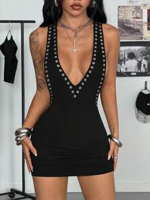 SHEIN DivaQ Women's Eyelet Design Deep V-Neck Sexy Halter Neck Fitted Dress - Black - View 4