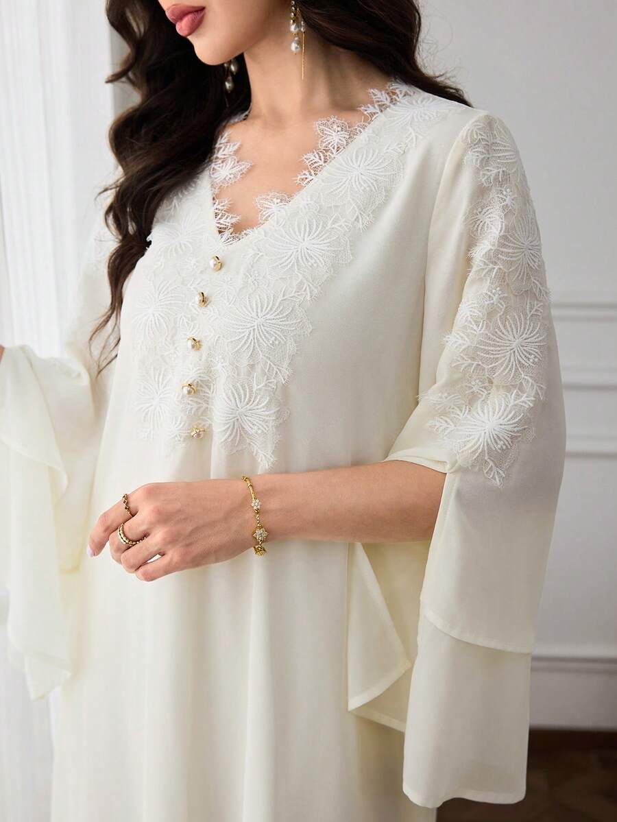 Al Najma 女款貼花裝飾鈕扣設計優雅阿拉伯風洋裝 - 黃色 - 查看 1