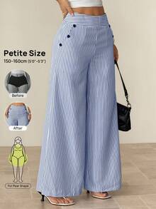 SHEIN PETITE Women's Casual Sexy Blue And White Stripe Button Decor Wide Leg Pants,Petite Women Beach Autumn - Blue and White - View 9