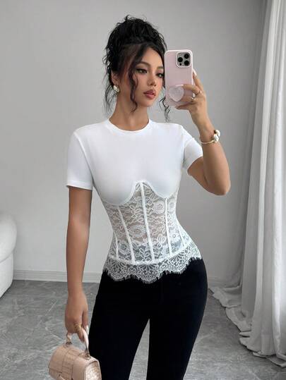 Elenzga Women's Round Neck Short Sleeve Slim Fit Waist Lace Floral Patchwork Hollow Out Exquisite Elegant T-Shirt Birthday Girl Summer New Clothing Summer New Top Date Romantic T-Shirt Date Night High Quality Outing Clothing Attend Birthday Party Holiday Simple Summer Top Party Top Beach Outfit Summer Holiday Outfit Holiday Clothing White Top Elegant T-Shirt